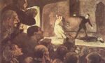 Pintura "O Drama", de Honoré Daumier. Feita com tons amarronzados, mostra uma encenação em palco de um homem morto caído no chão, outro homem de pé apontando para ele e uma mulher com as mãos na cabeça, enquanto tem várias pessoas espantadas na plateia.